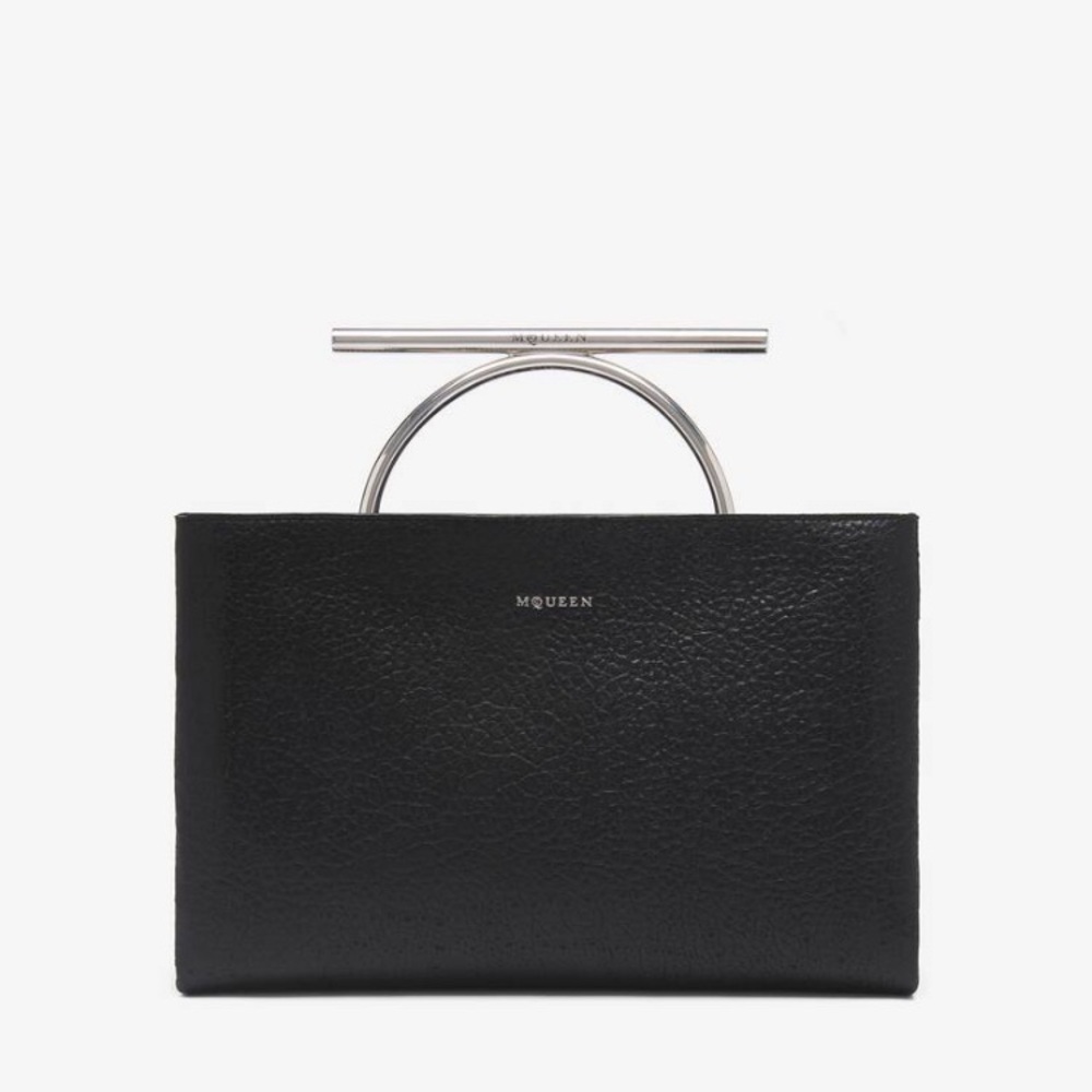 Alexander McQueen Black Leather Top-Handle Clutch with Silver Hardware